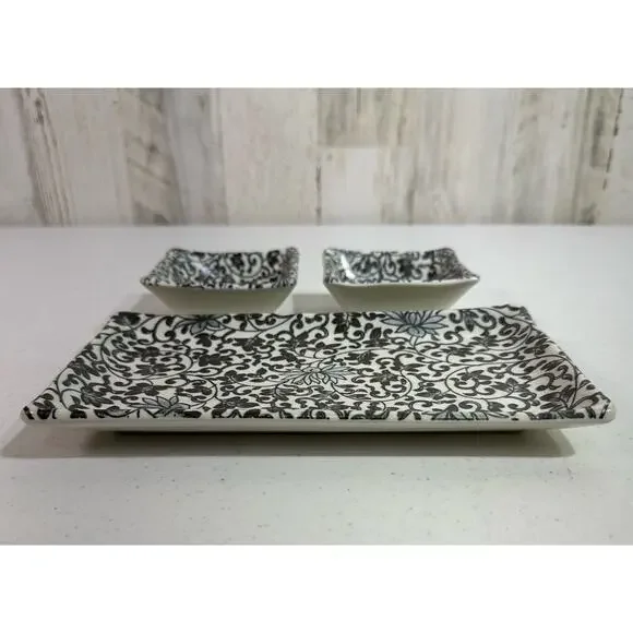Kanesada Salt Glaze Stoneware Set Sushi Plate Sauce Bowls Black Floral Filagree